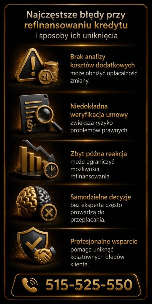 Najczęstsze błędy przy zmianie kredytu hipotecznego mogą prowadzić do wyższych kosztów i problemów prawnych. Grafika pokazuje ryzyko braku analizy umowy, zbyt późnej reakcji oraz znaczenie profesjonalnego wsparcia eksperta finansowego.