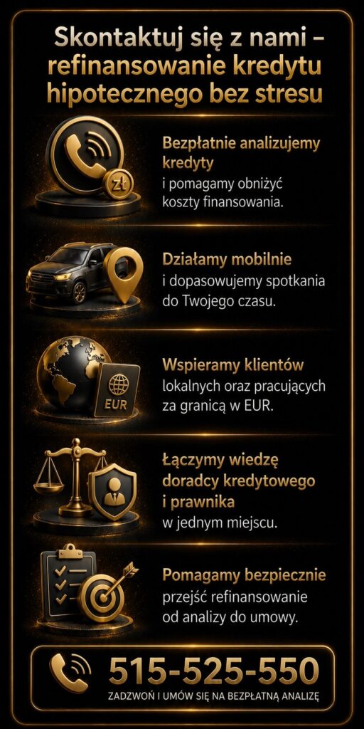 Kontakt i bezpłatna analiza refinansowania kredytu hipotecznego dla osób szukających niższej raty i lepszych warunków finansowania. Grafika przedstawia mobilnego doradcę kredytowego, wsparcie prawne, pomoc dla klientów w EUR oraz kompleksową obsługę.
