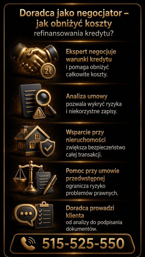 Negocjacje warunków kredytu hipotecznego pomagają obniżyć całkowite koszty finansowania i zwiększyć bezpieczeństwo transakcji. Grafika przedstawia analizę umowy, wsparcie przy nieruchomości, pomoc prawną oraz opiekę eksperta kredytowego.