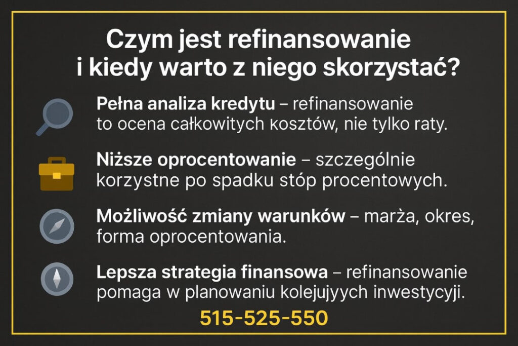 Infografika prezentuje najważniejsze elementy związane z refinansowaniem zobowiązania hipotecznego, pokazując analizę kosztów, obniżenie oprocentowania, możliwość zmiany warunków kredytu oraz wpływ na strategię finansową. Projekt w ciemnym stylu z ikonami edukacyjnymi.