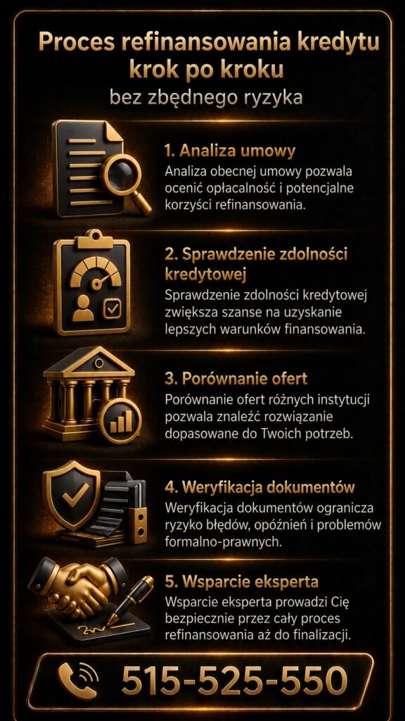 Refinansowanie kredytu krok po kroku – analiza umowy, sprawdzenie zdolności kredytowej, porównanie ofert i weryfikacja dokumentów. Grafika pokazuje bezpieczny proces refinansowania kredytu hipotecznego z pomocą eksperta i doradcy prawnego.