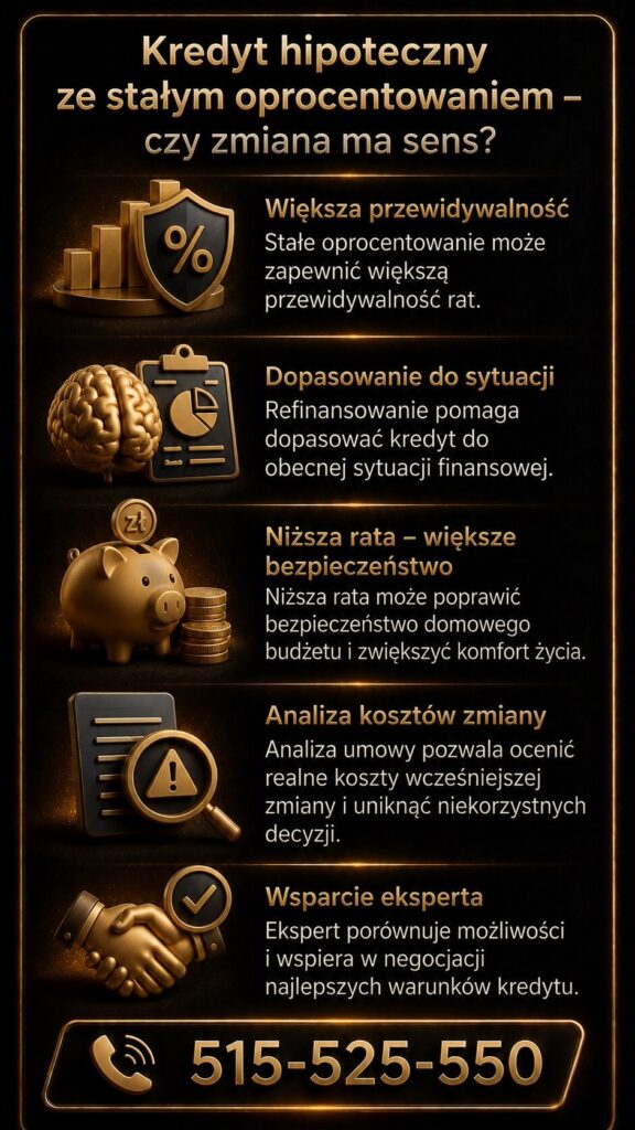 Refinansowanie kredytu ze stałym oprocentowaniem może zwiększyć przewidywalność rat i bezpieczeństwo finansowe rodziny. Grafika przedstawia analizę kosztów zmiany kredytu, dopasowanie warunków do sytuacji klienta i wsparcie eksperta finansowego.