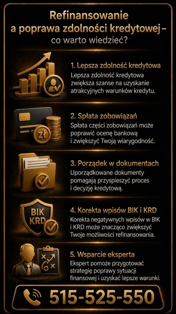 Restrukturyzacja zobowiązania i poprawa zdolności kredytowej pomagają zwiększyć szanse na lepsze warunki finansowania. Grafika pokazuje spłatę zobowiązań, porządek w dokumentach, korektę wpisów BIK i KRD oraz wsparcie eksperta finansowego.