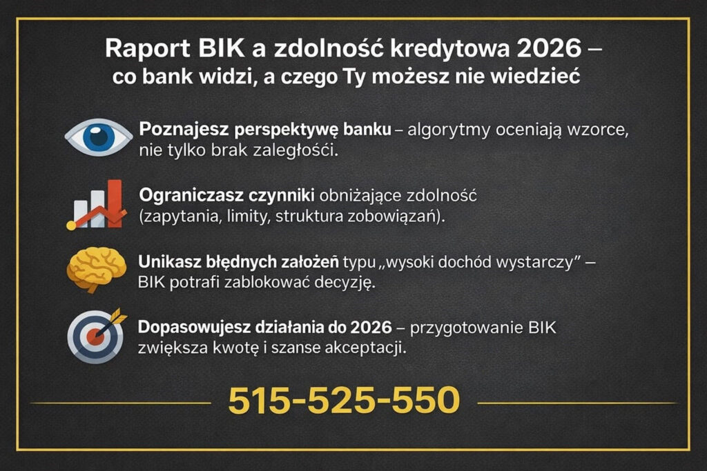 Analiza raportu BIK przed kredytem hipotecznym w 2026 roku. Grafika pokazuje, co bank widzi w historii kredytowej, jak zapytania i limity obniżają zdolność oraz jak świadome przygotowanie raportu BIK zwiększa szanse na pozytywną decyzję.