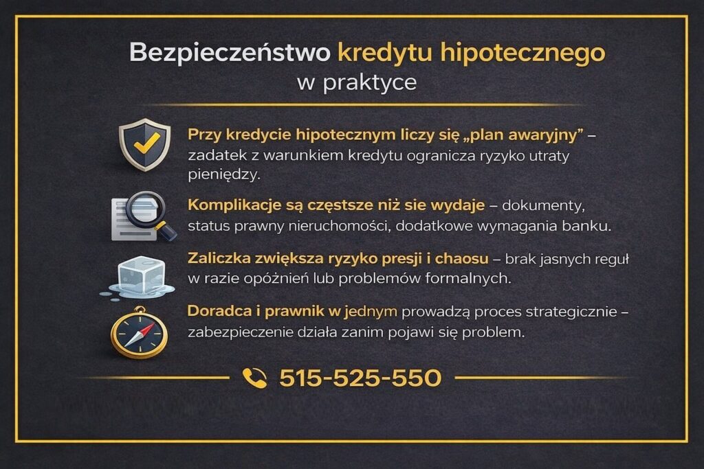 Zadatek czy zaliczka - grafika wyjaśniająca bezpieczeństwo kredytu hipotecznego w praktyce. Ilustracja pokazuje, dlaczego zadatek z warunkiem kredytu chroni pieniądze kupującego, ogranicza ryzyko utraty środków i porządkuje proces zakupu nieruchomości. 
