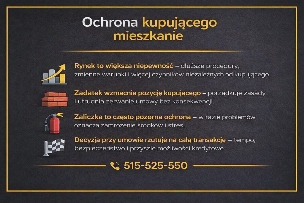 Zadatek czy zaliczka - infografika dotycząca ochrony kupującego mieszkanie przy umowie przedwstępnej. Materiał pokazuje różnice w zabezpieczeniu środków, wpływ zapisów umowy na ryzyko finansowe oraz konsekwencje wyboru zaliczki lub zadatku. 