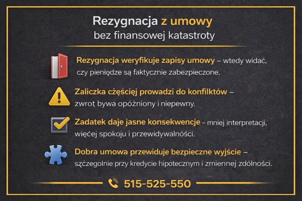 Zadatek czy zaliczka - grafika omawiająca rezygnację z umowy bez finansowej katastrofy. Przedstawia, jak zapisy umowy przedwstępnej wpływają na zwrot pieniędzy, ryzyko konfliktu oraz bezpieczeństwo kupującego przy kredycie hipotecznym. 