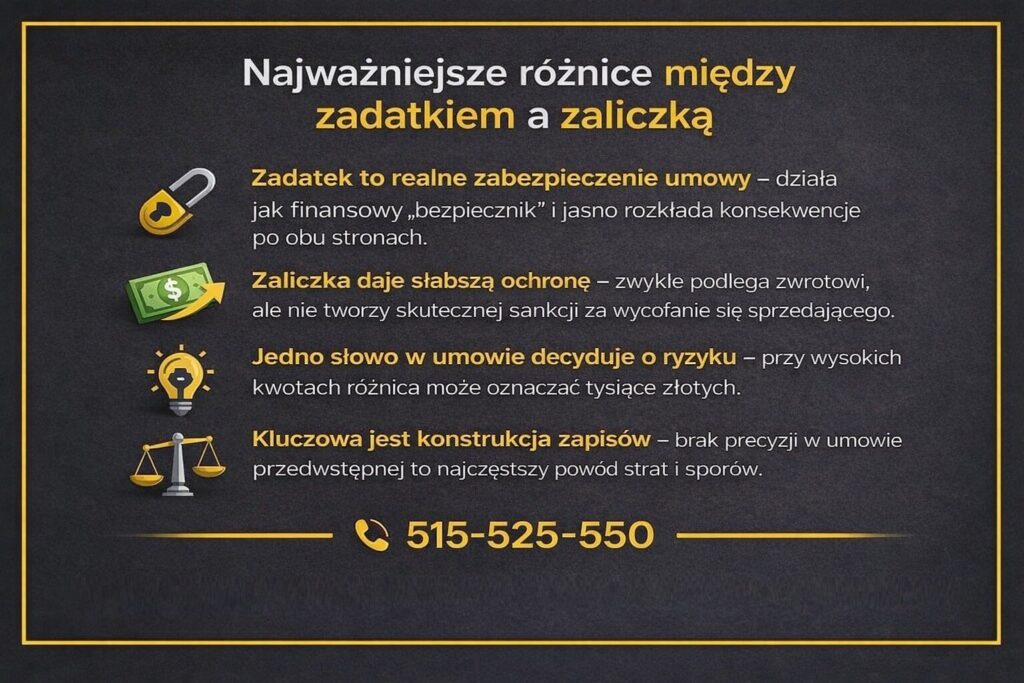 Różnice między zadatkiem a zaliczką - grafika pokazująca, które rozwiązanie lepiej zabezpiecza umowę przedwstępną. Materiał wyjaśnia konsekwencje prawne, ryzyko utraty pieniędzy oraz znaczenie precyzyjnych zapisów przy zakupie nieruchomości. 