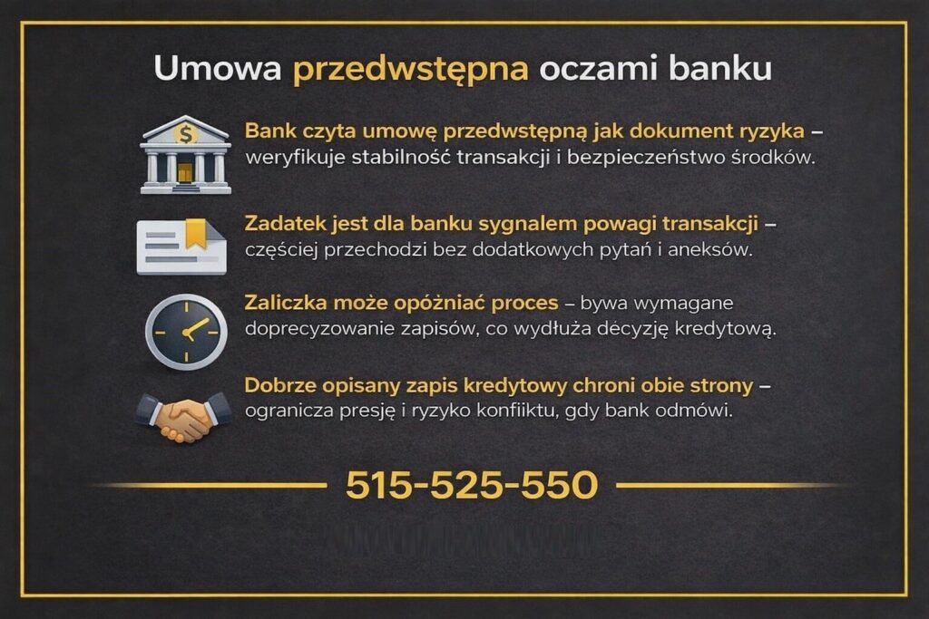 Umowa przedwstępna a zadatek i zaliczka - grafika przedstawiająca, jak bank ocenia zapisy umowy przy kredycie hipotecznym. Ilustracja pokazuje wpływ zadatku na decyzję kredytową, tempo procedury oraz bezpieczeństwo transakcji. 
