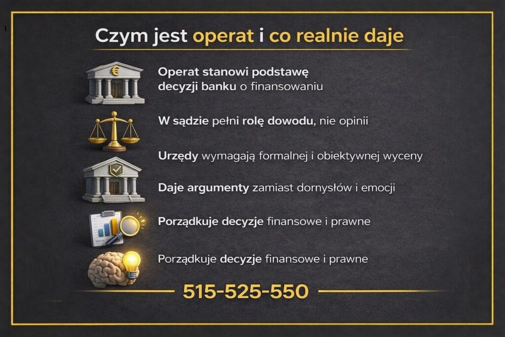 Grafika wyjaśniająca czym jest operat szacunkowy Żary i jakie ma znaczenie w banku, sądzie oraz urzędzie. Infografika pokazuje, że operat stanowi podstawę decyzji kredytowej, pełni rolę dowodu prawnego i porządkuje kluczowe decyzje finansowe i prawne.