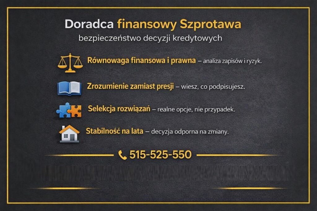 Doradca finansowy Szprotawa specjalizujący się w bezpiecznych decyzjach kredytowych. Równowaga finansowa i prawna, zrozumienie zapisów umowy, selekcja najlepszych rozwiązań oraz stabilność kredytu hipotecznego na lata.