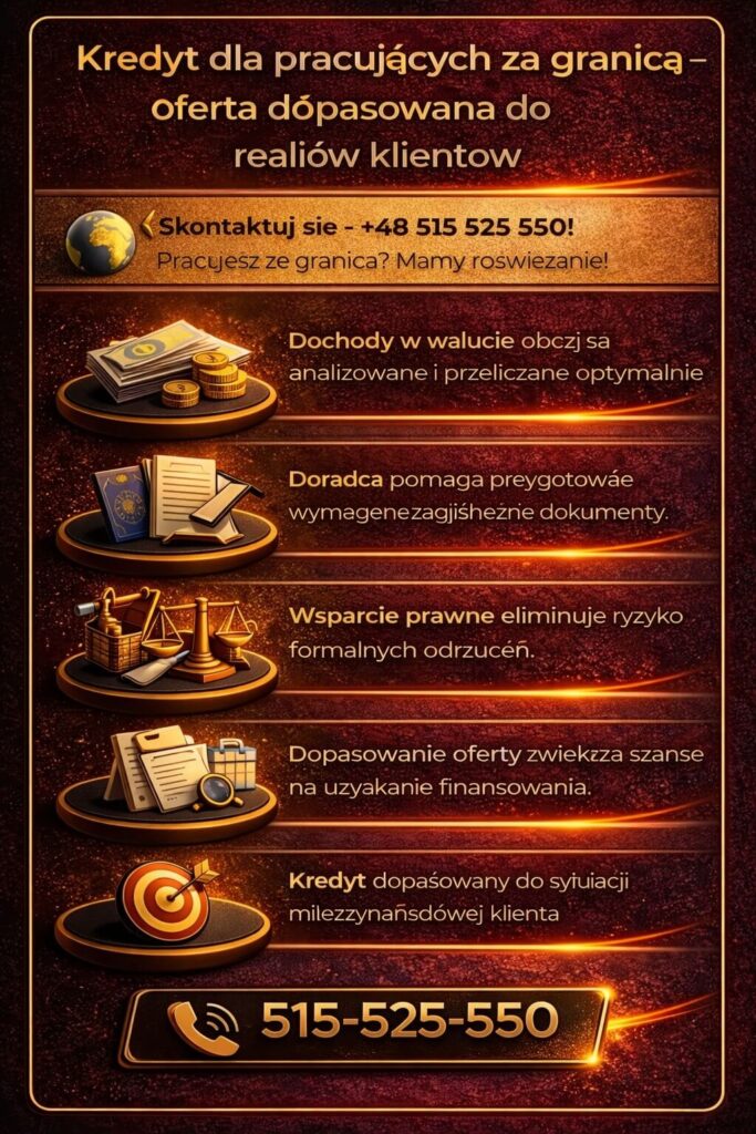 Doradca kredytowy dla pracujących za granicą Żary pomaga uzyskać kredyt hipoteczny przy dochodach w EUR. Analiza dokumentów i wsparcie prawne zwiększają szanse na pozytywną decyzję oraz dopasowanie oferty do sytuacji klienta.