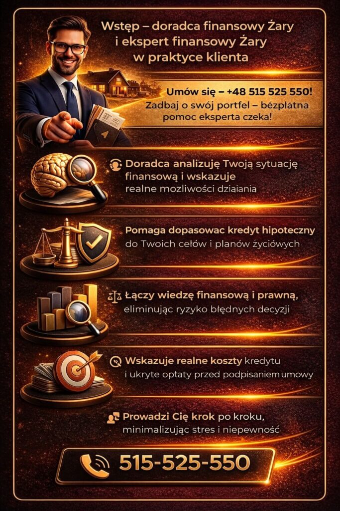 Doradca kredytowy Żary analizuje sytuację finansową klienta i dobiera najlepsze rozwiązania kredytowe. Połączenie wiedzy finansowej i prawnej pozwala uniknąć błędnych decyzji oraz skutecznie przejść przez proces kredytu hipotecznego.
