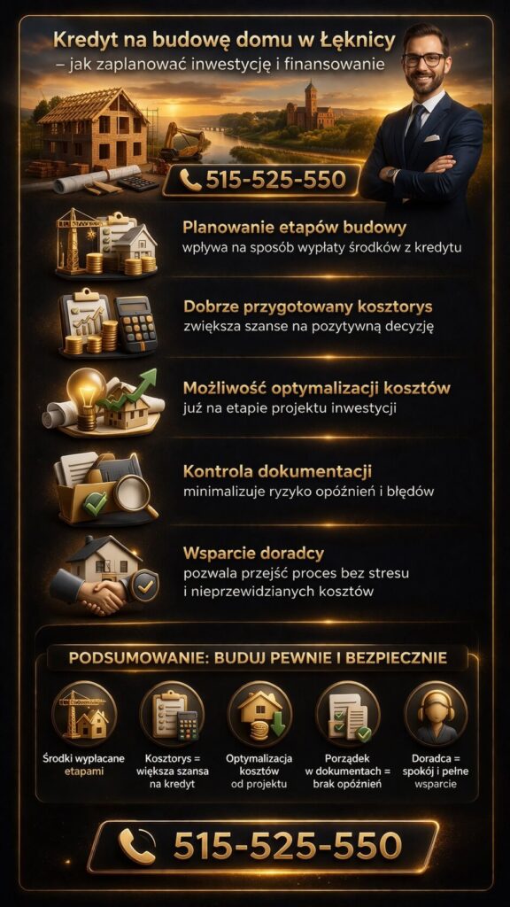 Ekspert kredytowy w Łęknicy wspiera klientów przy kredycie na budowę domu, pomagając zaplanować etapy inwestycji i przygotować kosztorys. Kontrola dokumentów oraz optymalizacja kosztów zwiększa szanse na pozytywną decyzję i bezpieczne finansowanie.