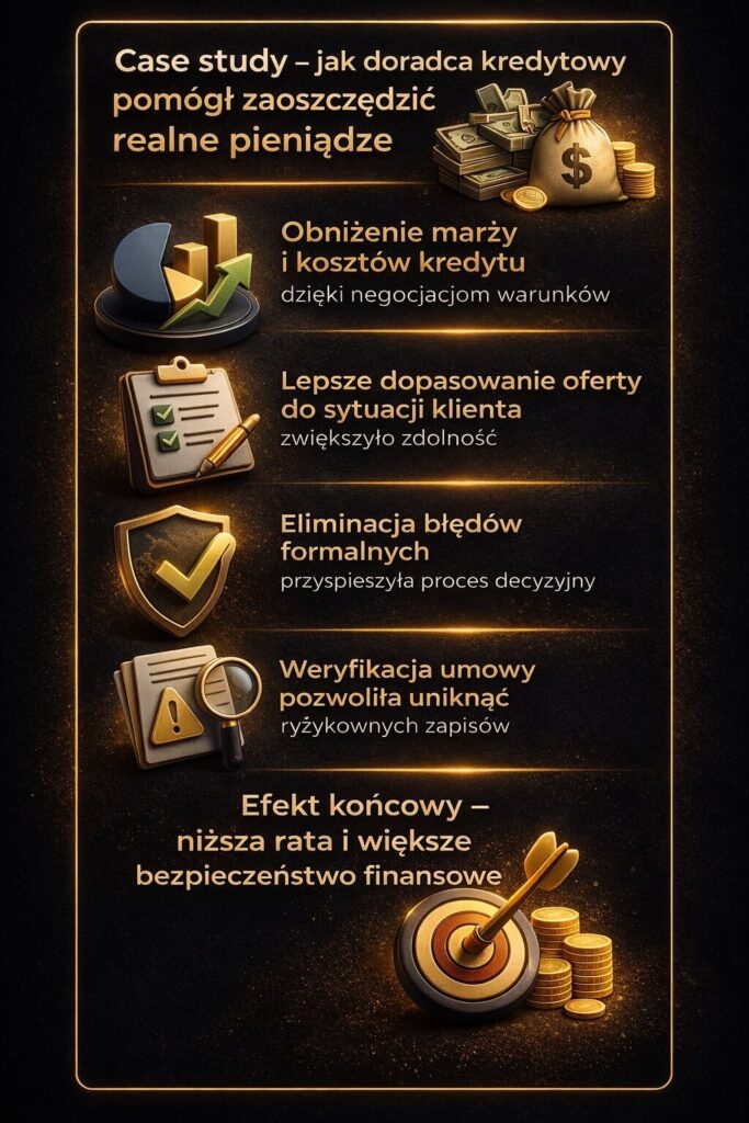 Doradca finansowy z Łęknicy pomaga realnie obniżyć koszt kredytu poprzez negocjacje i dopasowanie oferty do sytuacji klienta. Eliminacja błędów formalnych i analiza umowy pozwala uzyskać niższą ratę oraz większe bezpieczeństwo finansowe.