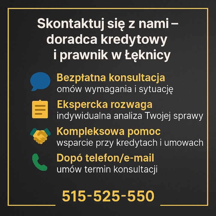 Grafika przedstawia informacje kontaktowe specjalisty „doradca kredytowy Łęknica”. Wyróżniono bezpłatną konsultację, ekspercką analizę, kompleksową pomoc oraz możliwość kontaktu telefonicznego. Na dole widoczny numer 515-525-550 w złotej ramce.