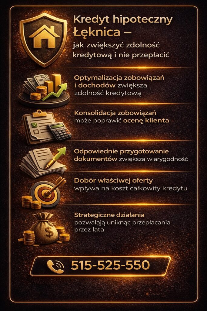 Doradca finansowy Łęknica zwiększa zdolność kredytową poprzez optymalizację zobowiązań, konsolidację kredytów i właściwe przygotowanie dokumentów. Dzięki temu klient może uzyskać lepszą ofertę i uniknąć przepłacania przez cały okres kredytu.