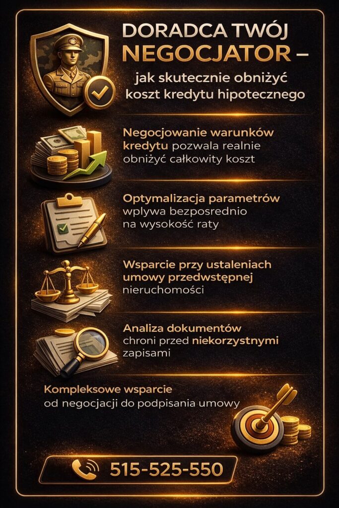 Ekspert kredytowy Łęknica skutecznie negocjuje warunki kredytu hipotecznego, obniżając marżę i całkowity koszt zobowiązania. Zapewnia wsparcie przy umowie przedwstępnej oraz analizie dokumentów, chroniąc klienta przed niekorzystnymi zapisami.
