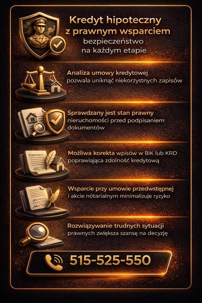 Doradca kredytowy Łęknica zapewnia wsparcie prawne przy kredycie hipotecznym, analizując umowy i sprawdzając stan prawny nieruchomości. Pomaga uniknąć ryzykownych zapisów, poprawić zdolność kredytową i bezpiecznie przejść przez cały proces zakupu.