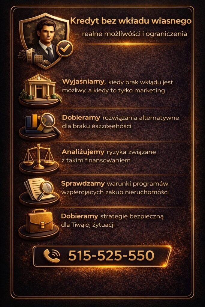 Doradca kredytowy Szprotawa wyjaśnia realne możliwości uzyskania kredytu bez wkładu własnego, analizuje ryzyka oraz dobiera bezpieczne rozwiązania alternatywne, pomagając klientowi zrealizować zakup nieruchomości mimo ograniczonych oszczędności