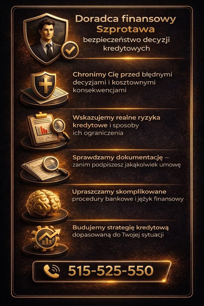 Doradca kredytowy Szprotawa zapewnia bezpieczeństwo decyzji kredytowych, wskazując realne ryzyka, analizując dokumentację oraz upraszczając skomplikowane procedury bankowe, dzięki czemu klient podejmuje świadome decyzje bez stresu i kosztownych błędów