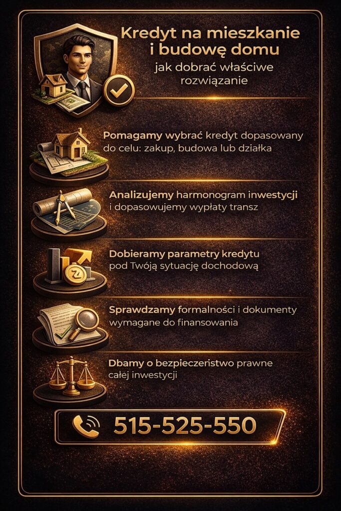 Doradca kredytowy Szprotawa pomaga dobrać kredyt na mieszkanie lub budowę domu, analizując cel inwestycji, harmonogram prac oraz możliwości finansowe klienta, a także weryfikując dokumenty i dbając o bezpieczeństwo prawne całego procesu finansowania nieruchomości