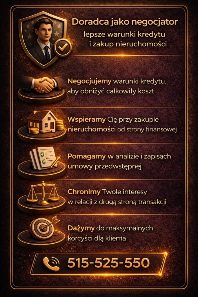 Specjalista kredytowy Szprotawa negocjuje warunki kredytu hipotecznego, wspiera przy zakupie nieruchomości oraz analizuje umowę przedwstępną, dbając o interes klienta i maksymalizując korzyści finansowe całej transakcji
