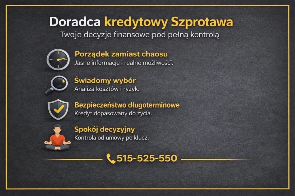 Ekspert kredytowy Szprotawa zapewniający porządek zamiast chaosu finansowego. Świadomy wybór kredytu, analiza kosztów i ryzyk, bezpieczeństwo długoterminowe oraz spokojny proces decyzyjny od umowy po finalizację zakupu nieruchomości