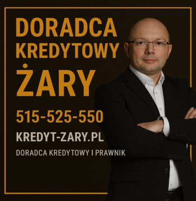 Grafika promocyjna przedstawiająca doradcę kredytowego i prawnika w Żarach. Mężczyzna w eleganckim garniturze na ciemnym tle, obok duży napis „Doradca kredytowy Żary”, numer telefonu 515-525-550 oraz adres kredyt-zary.pl. Profesjonalny layout w złotej ramce.