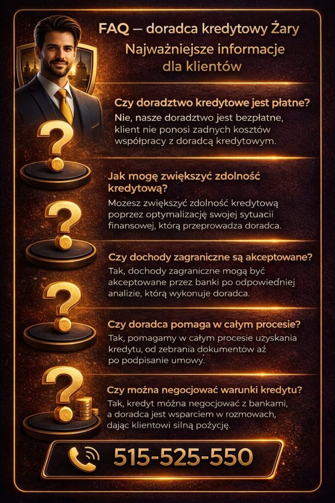 Doradca finansowy Żary odpowiada na najważniejsze pytania klientów dotyczące kredytów. Wyjaśnia zasady zdolności kredytowej, akceptacji dochodów zagranicznych oraz możliwości negocjacji warunków, zapewniając pełne wsparcie na każdym etapie procesu.