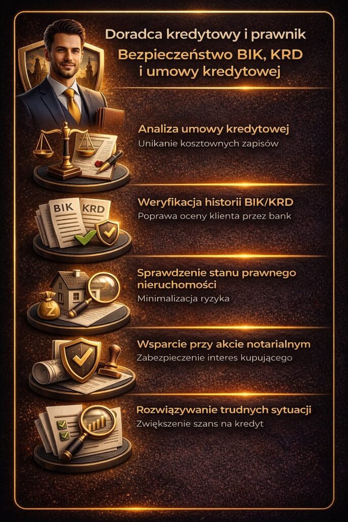 Doradca kredytowy Żary i wsparcie prawne to gwarancja bezpieczeństwa przy kredycie. Analiza umowy, weryfikacja BIK i KRD oraz sprawdzenie stanu prawnego nieruchomości minimalizują ryzyko i zwiększają szanse na pozytywną decyzję kredytową.
