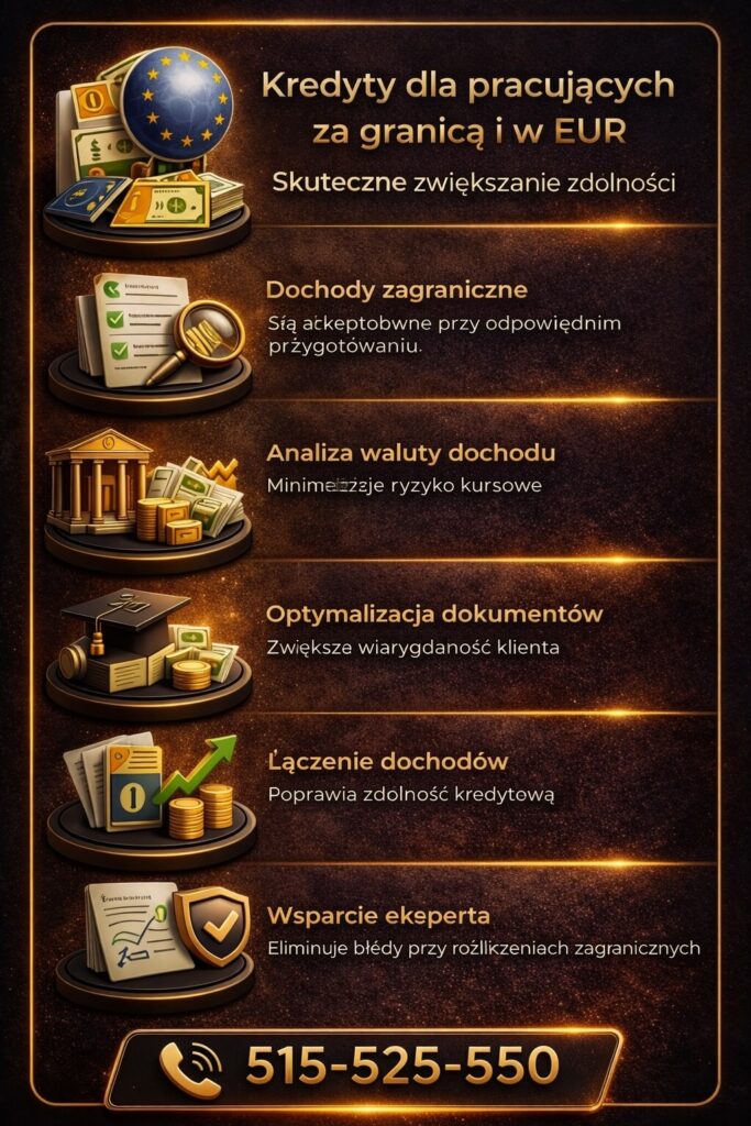 Ekspert kredytowy w Żarach wspiera osoby pracujące za granicą i zarabiające w EUR, pomagając zwiększyć zdolność kredytową. Analiza waluty dochodu, optymalizacja dokumentów oraz łączenie dochodów pozwalają uzyskać lepsze warunki finansowania.