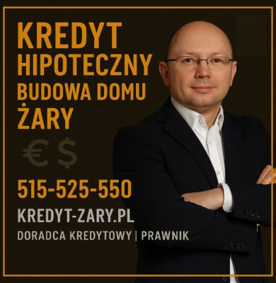 Kredyt hipoteczny budowa domu Żary – grafika z doradcą kredytowym i prawnikiem prezentująca ofertę wsparcia przy finansowaniu budowy domu. Złota ramka, profesjonalny portret, jasne CTA 515-525-550 oraz adres kredyt-zary.pl podkreślają bezpieczeństwo procesu i lokalne doradztwo.