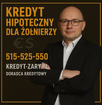 Grafika przedstawia doradcę kredytowego oferującego kredyt hipoteczny dla żołnierzy i służb mundurowych. Wyróżniony numer 515-525-550 i adres kredyt-zary.pl podkreślają łatwy kontakt. Styl formalny, eksponujący bezpieczeństwo i profesjonalne wsparcie finansowe.