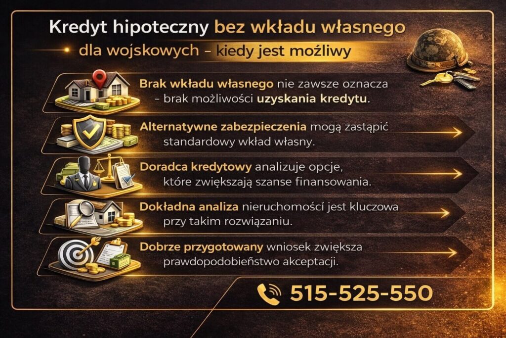 Możliwość uzyskania finansowania nieruchomości bez wkładu własnego dla żołnierzy. Grafika pokazuje alternatywne zabezpieczenia kredytu, analizę nieruchomości oraz wsparcie doradcy kredytowego w przygotowaniu wniosku, który zwiększa szanse na pozytywną decyzję banku.