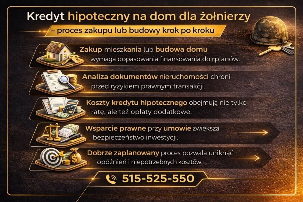Proces zakupu lub budowy domu finansowany kredytem hipotecznym dla żołnierzy. Grafika pokazuje analizę dokumentów nieruchomości, koszty finansowania, wsparcie prawne przy umowie oraz planowanie całego procesu tak, aby uniknąć opóźnień i bezpiecznie przejść przez inwestycję.