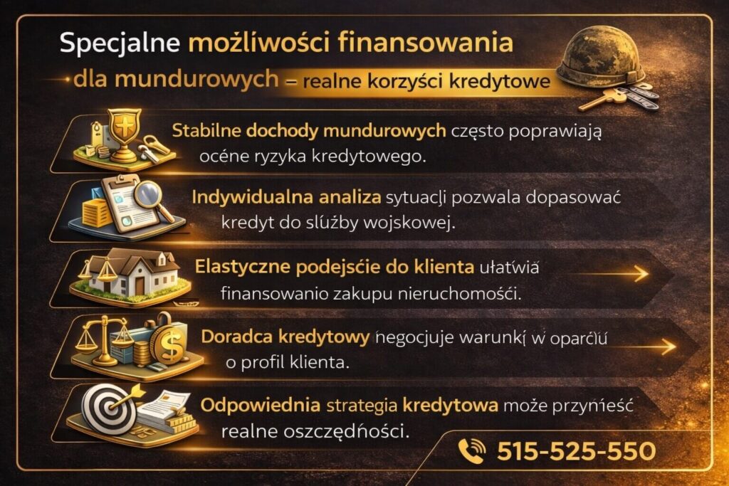 Najważniejsze korzyści jakie daje kredyt hipoteczny dla wojskowych. Infografika pokazuje stabilne dochody żołnierzy, indywidualną analizę sytuacji finansowej, elastyczne podejście banków do mundurowych oraz rolę doradcy kredytowego w negocjowaniu korzystniejszych warunków finansowania zakupu mieszkania lub domu.