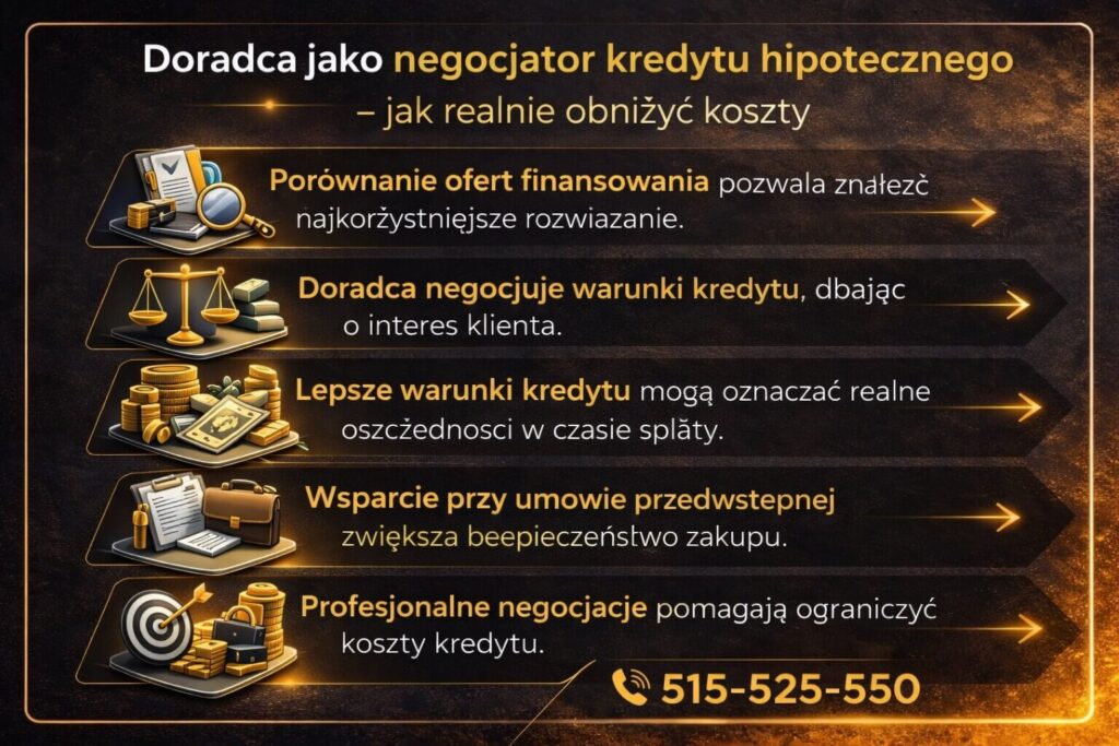 Doradca jako negocjator warunków finansowania nieruchomości dla żołnierzy. Grafika pokazuje analizę ofert bankowych, negocjowanie marży i kosztów kredytu oraz wsparcie przy umowie przedwstępnej. Profesjonalna pomoc pozwala obniżyć koszty jakie generuje kredyt mieszkaniowy dla osób służących w wojsku.