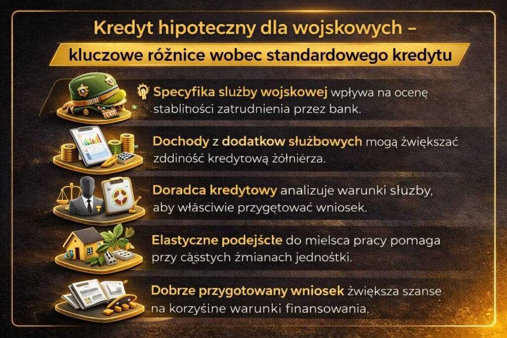 Różnice pomiędzy standardowym kredytem mieszkaniowym a finansowaniem dostępnym dla żołnierzy. Grafika pokazuje jak specyfika służby wojskowej, dodatki finansowe i stabilne zatrudnienie wpływają na ocenę zdolności kredytowej oraz możliwość uzyskania korzystnych warunków finansowania nieruchomości.