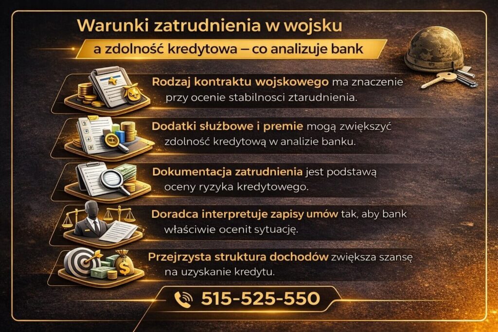 Warunki zatrudnienia w wojsku a ocena zdolności kredytowej przez bank. Grafika przedstawia znaczenie rodzaju kontraktu wojskowego, dodatków służbowych oraz dokumentacji dochodów. Przejrzysta struktura finansów zwiększa szanse na uzyskanie kredytu hipotecznego dla osób pracujących w armii.