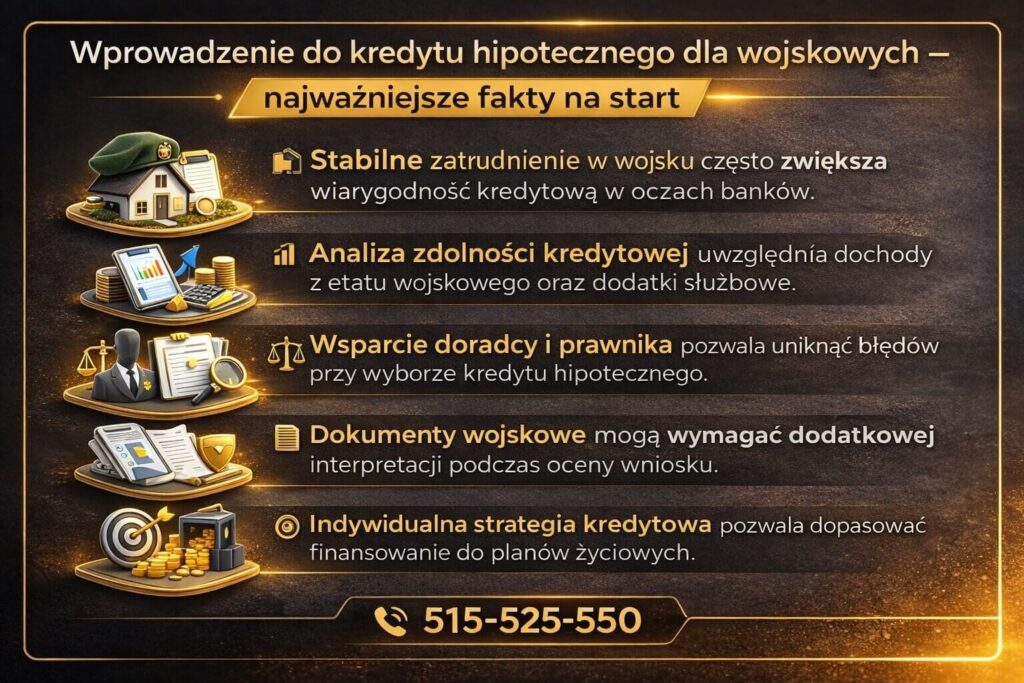 Wprowadzenie do finansowania zakupu mieszkania dla żołnierzy. Grafika pokazuje podstawowe informacje o zdolności kredytowej, stabilnym zatrudnieniu w wojsku oraz roli doradcy finansowego i prawnika w przygotowaniu dokumentów i wyborze najkorzystniejszego kredytu hipotecznego.
