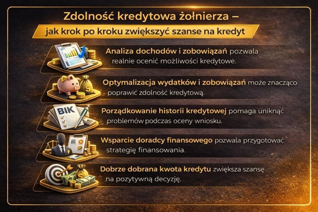 Zdolność kredytowa żołnierza i sposoby jej zwiększenia przed złożeniem wniosku kredytowego. Grafika pokazuje analizę dochodów, optymalizację zobowiązań finansowych, znaczenie historii kredytowej oraz wsparcie doradcy finansowego przy przygotowaniu strategii finansowania zakupu nieruchomości.
