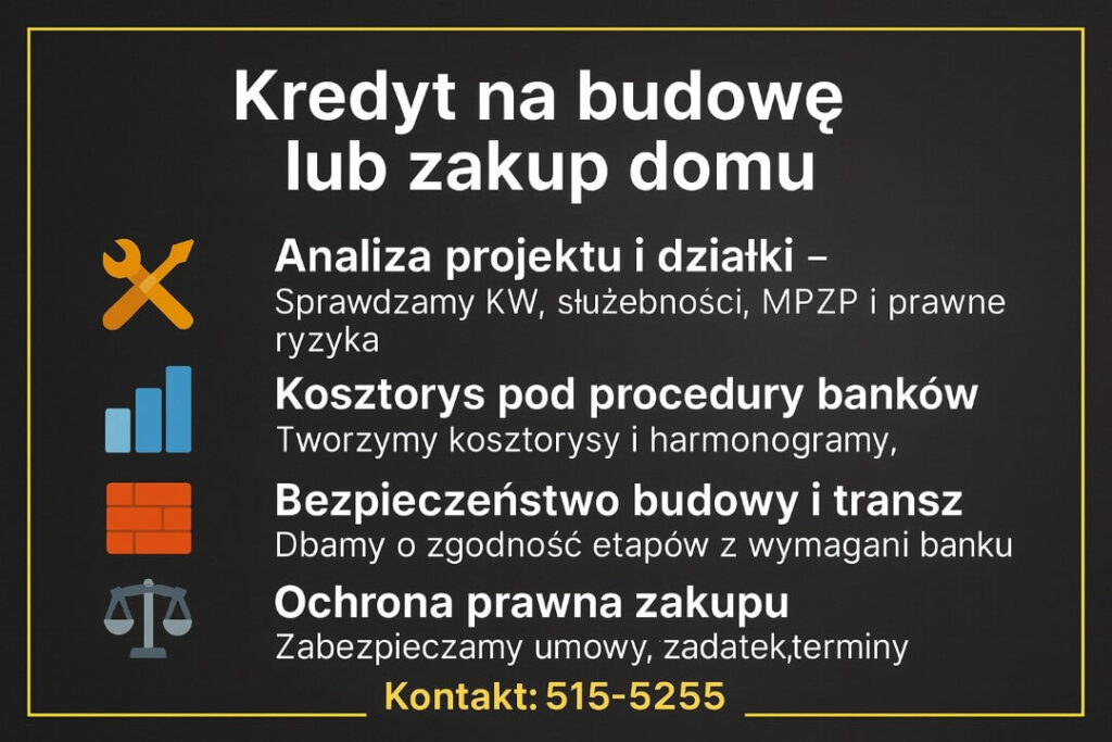 Grafika prezentuje kluczowe etapy przygotowania kredytu hipotecznego Łęknica / Przewóz: analizę projektu i działki, kosztorys zgodny z procedurami banków, bezpieczeństwo transz oraz ochronę prawną zakupu. Ciemne tło, ikony i żółta ramka podkreślają ekspercki charakter materiału.
