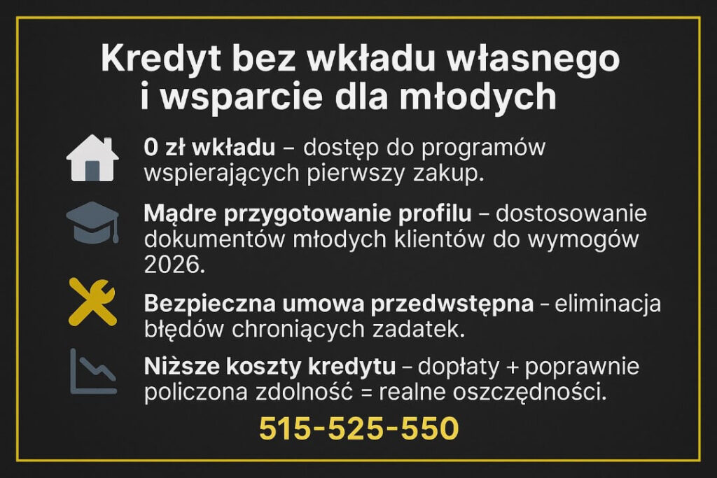 Grafika informacyjna przedstawia zasady wsparcia dla młodych: 0 zł wkładu, przygotowanie profilu, bezpieczną umowę przedwstępną oraz niższe koszty kredytu. Czarne tło, ikony i żółta ramka podkreślają kluczowe korzyści.