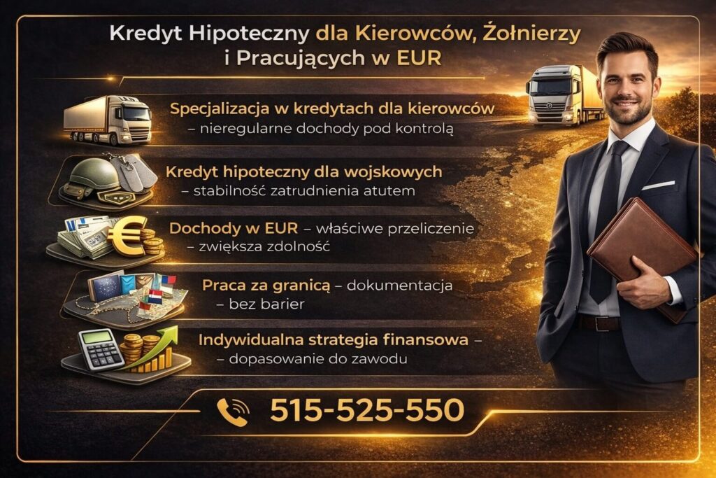 Grafika ofertowa kredyt hipoteczny Żary dla kierowców, żołnierzy i osób pracujących w EUR. 3D ikony ciężarówki, hełmu wojskowego i euro symbolizują specjalizację w nieregularnych dochodach, stabilnym zatrudnieniu i pracy za granicą.