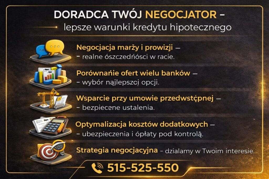 Grafika prezentująca rolę eksperta jako negocjatora przy wyborze kredytu na dom w Żarach. 3D ikony rozmów, wykresów i dokumentów wskazują na negocjacje marży, porównanie ofert oraz wsparcie przy umowie przedwstępnej i optymalizacji kosztów.