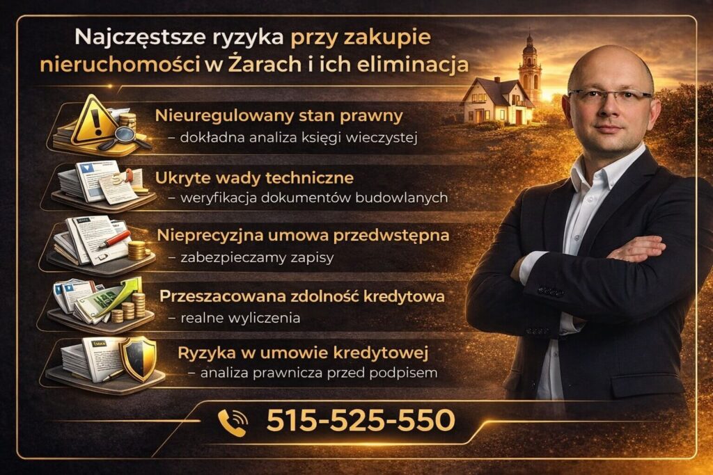 Infografika przedstawiająca najczęstsze ryzyka przy zakupie nieruchomości oraz ich eliminację przy wsparciu eksperta od finansowania nieruchomości w Żarach. 3D ikony ostrzegawcze symbolizują analizę księgi wieczystej i zapisów kredytowych.