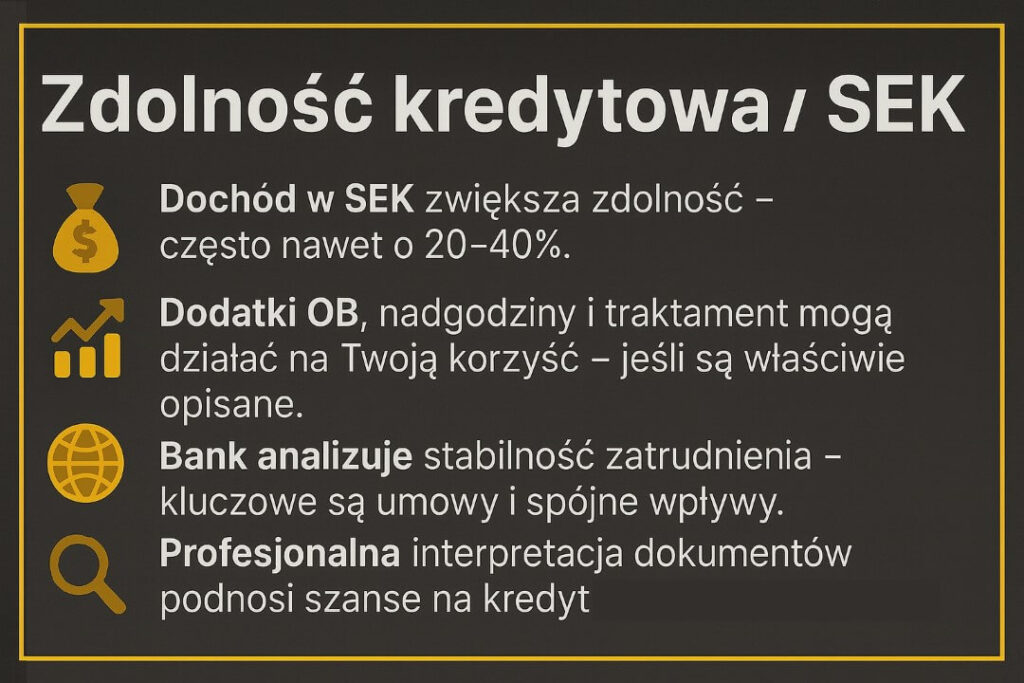 Grafika wyjaśnia, jak dochód w SEK wpływa na zdolność kredytową: większa siła nabywcza, uwzględnienie dodatków OB i nadgodzin, analiza stabilności zatrudnienia oraz znaczenie profesjonalnej interpretacji dokumentów dla uzyskania kredytu w Polsce.