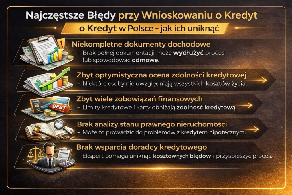 Infografika pokazująca najczęstsze błędy przy wnioskowaniu o kredyt hipoteczny dla osób pracujących w Szwecji. Grafika przedstawia brak dokumentów dochodowych, zbyt optymistyczną ocenę zdolności, nadmierne zobowiązania finansowe oraz brak wsparcia doradcy.