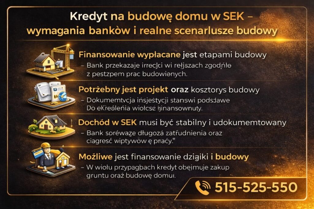 Infografika opisująca wymagania banków przy kredycie na budowę domu finansowanym dochodem w SEK. Grafika pokazuje etapową wypłatę środków, konieczność projektu budowlanego i kosztorysu oraz znaczenie stabilnych dochodów z pracy w Szwecji.